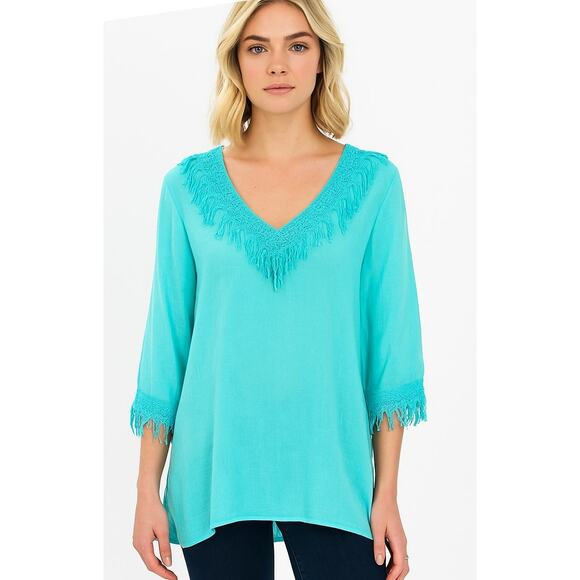 ANNE CARSON Women's Fringed Tunic Top Extra Large Linen Turquoise - Picture 1 of 5